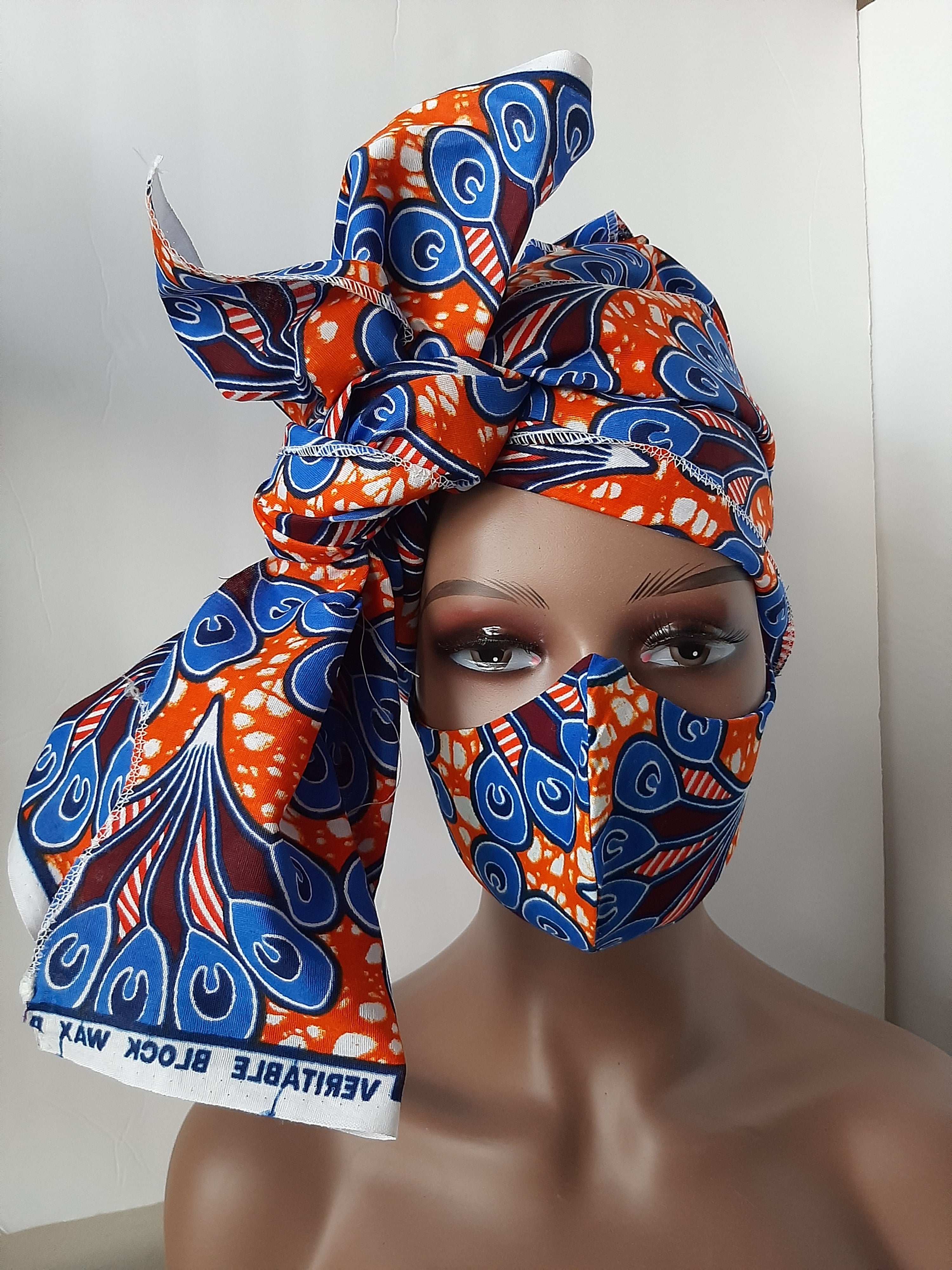 Blu-Orange Ankara Head Tie with mask