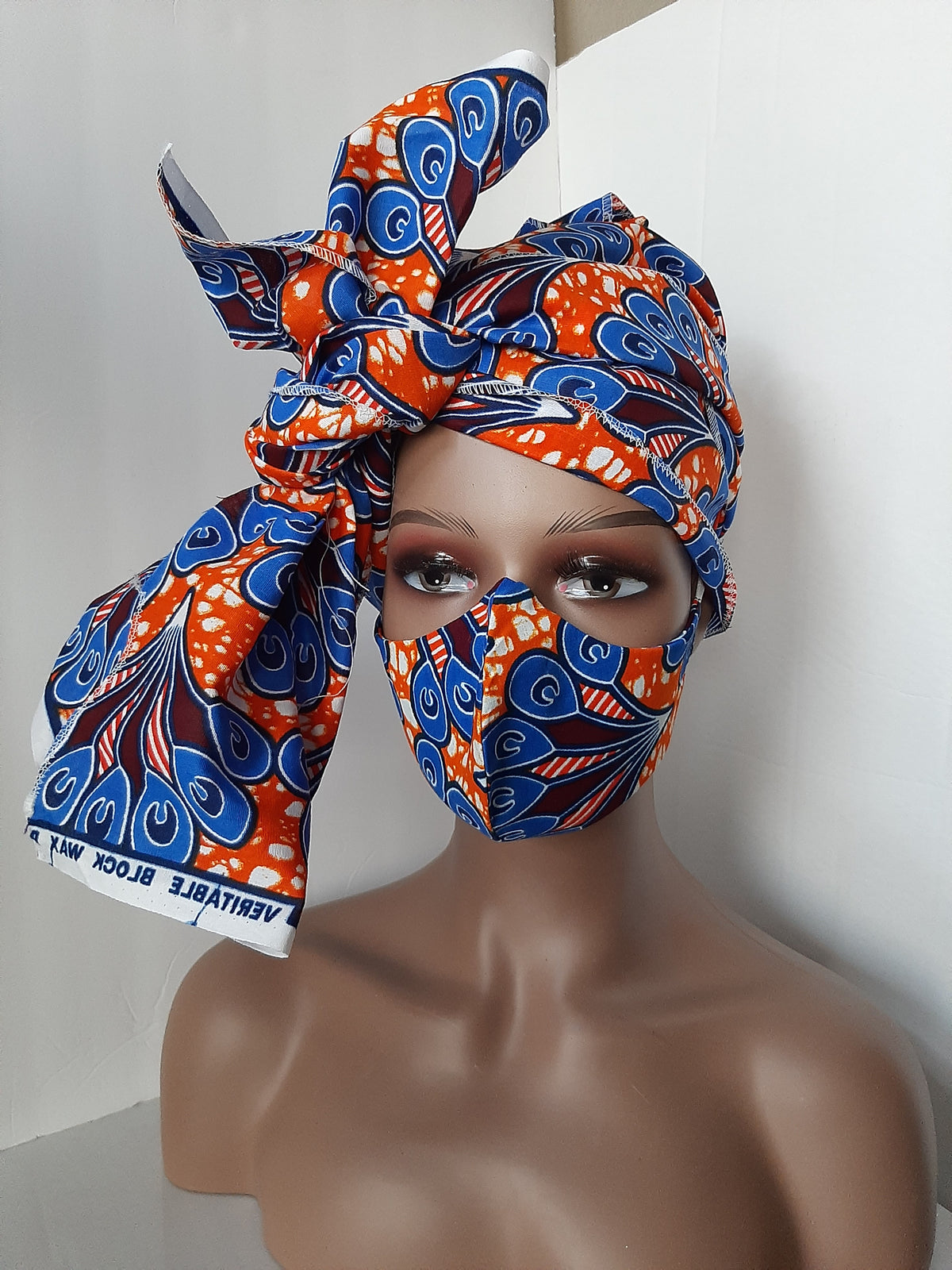 Blu-Orange Ankara Head Tie with mask