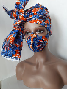 Blu-Orange Ankara Head Tie with mask