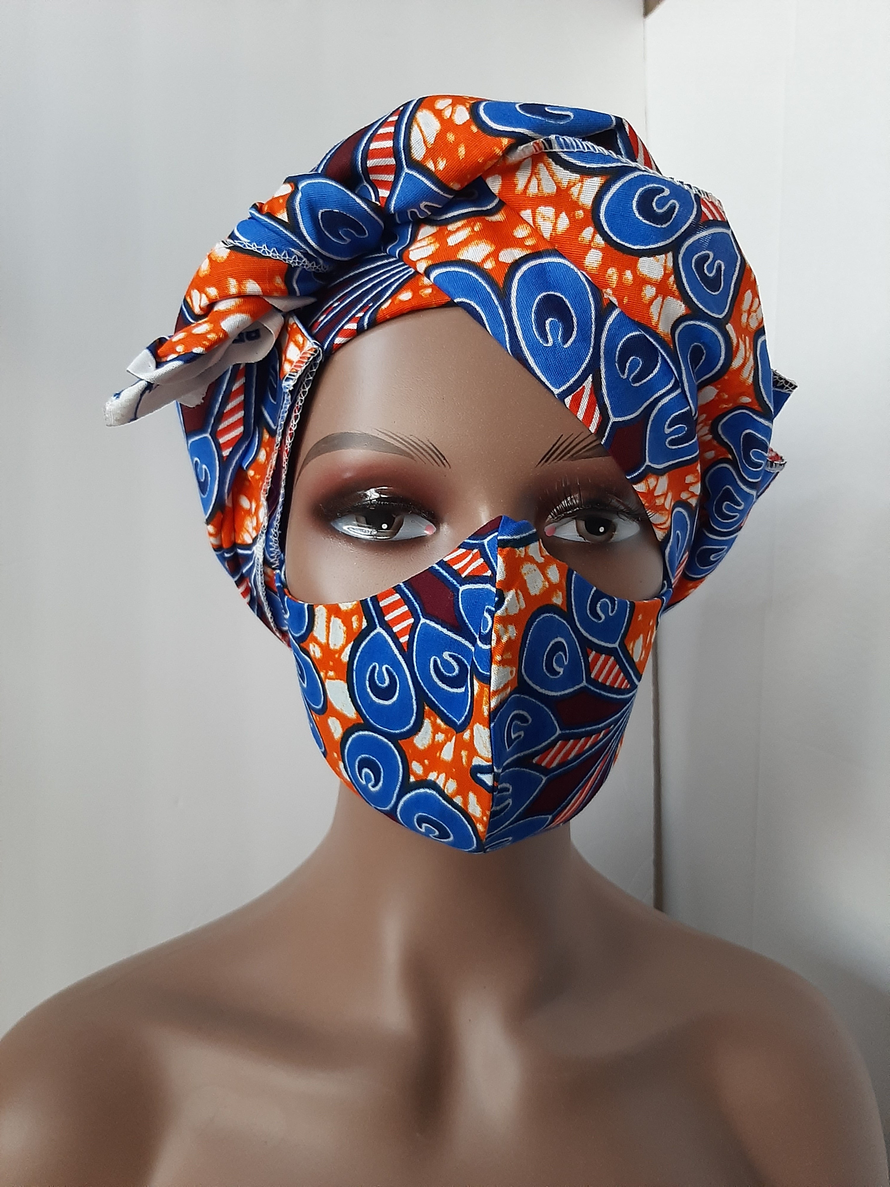 Blu-Orange Ankara Head Tie with mask