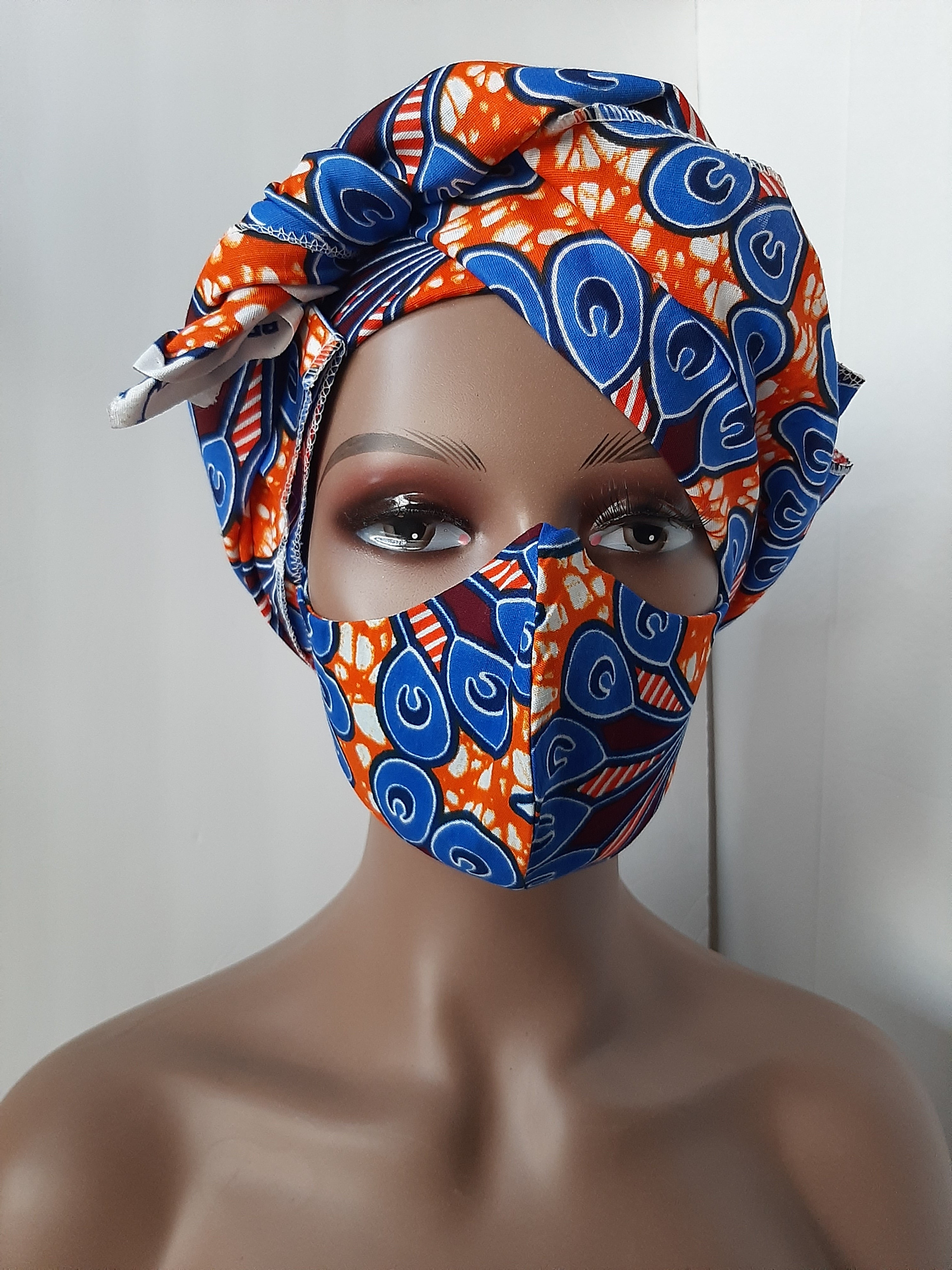 Blu-Orange Ankara Head Tie with mask