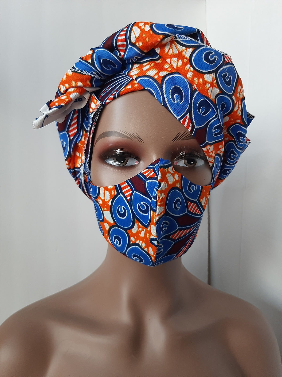 Blu-Orange Ankara Head Tie with mask