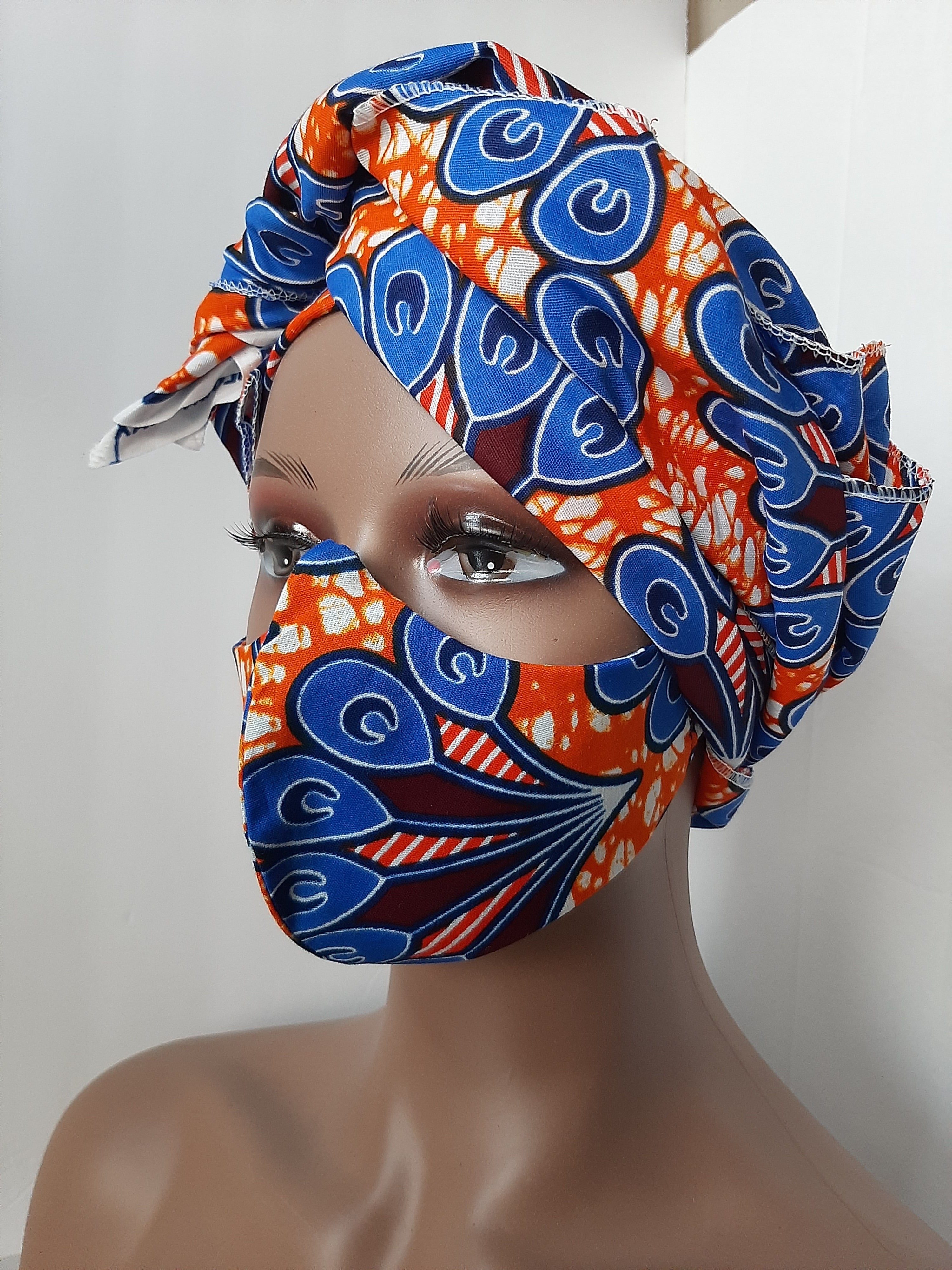 Blu-Orange Ankara Head Tie with mask