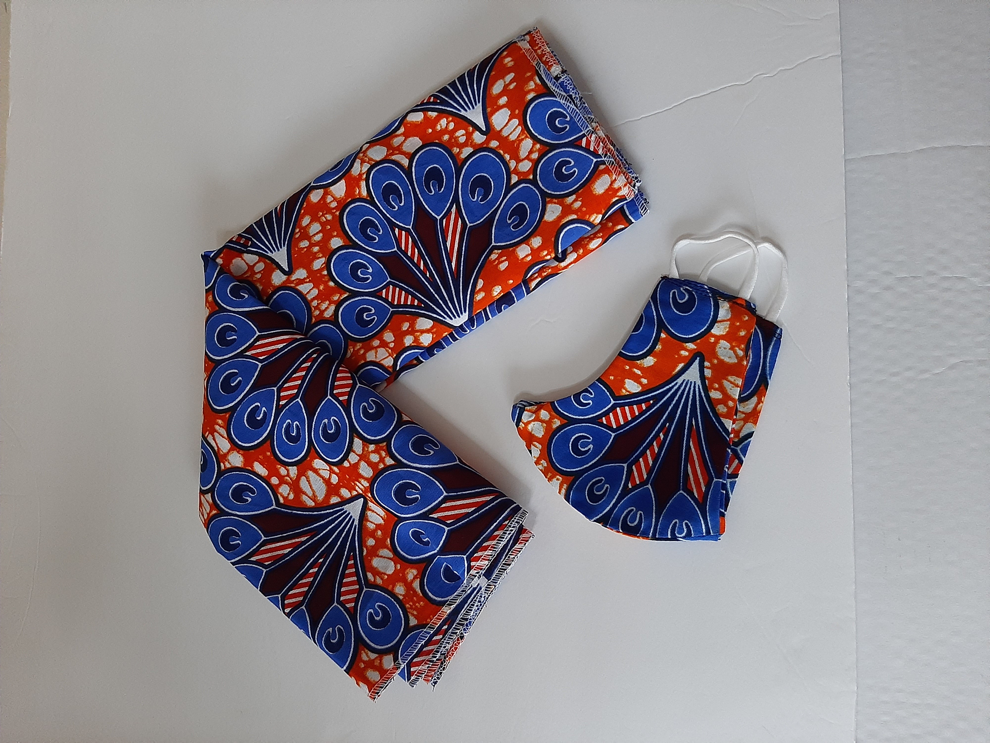 Blu-Orange Ankara Head Tie with mask