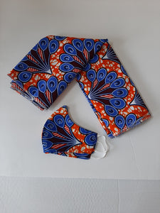 Blu-Orange Ankara Head Tie with mask